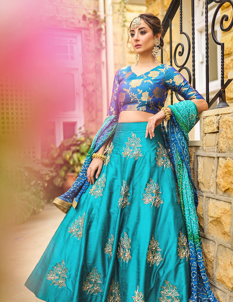 Salahuddin Pasha - La Reveur Silk Lehnga choli For Women - Aqua Blue - 3 Piece