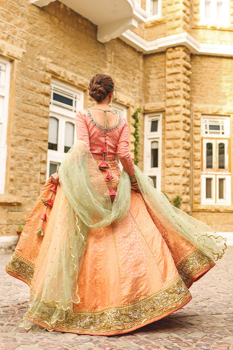 Salahuddin Pasha - La Reveur Silk Lehnga choli For Women - Peach - 3 Piece