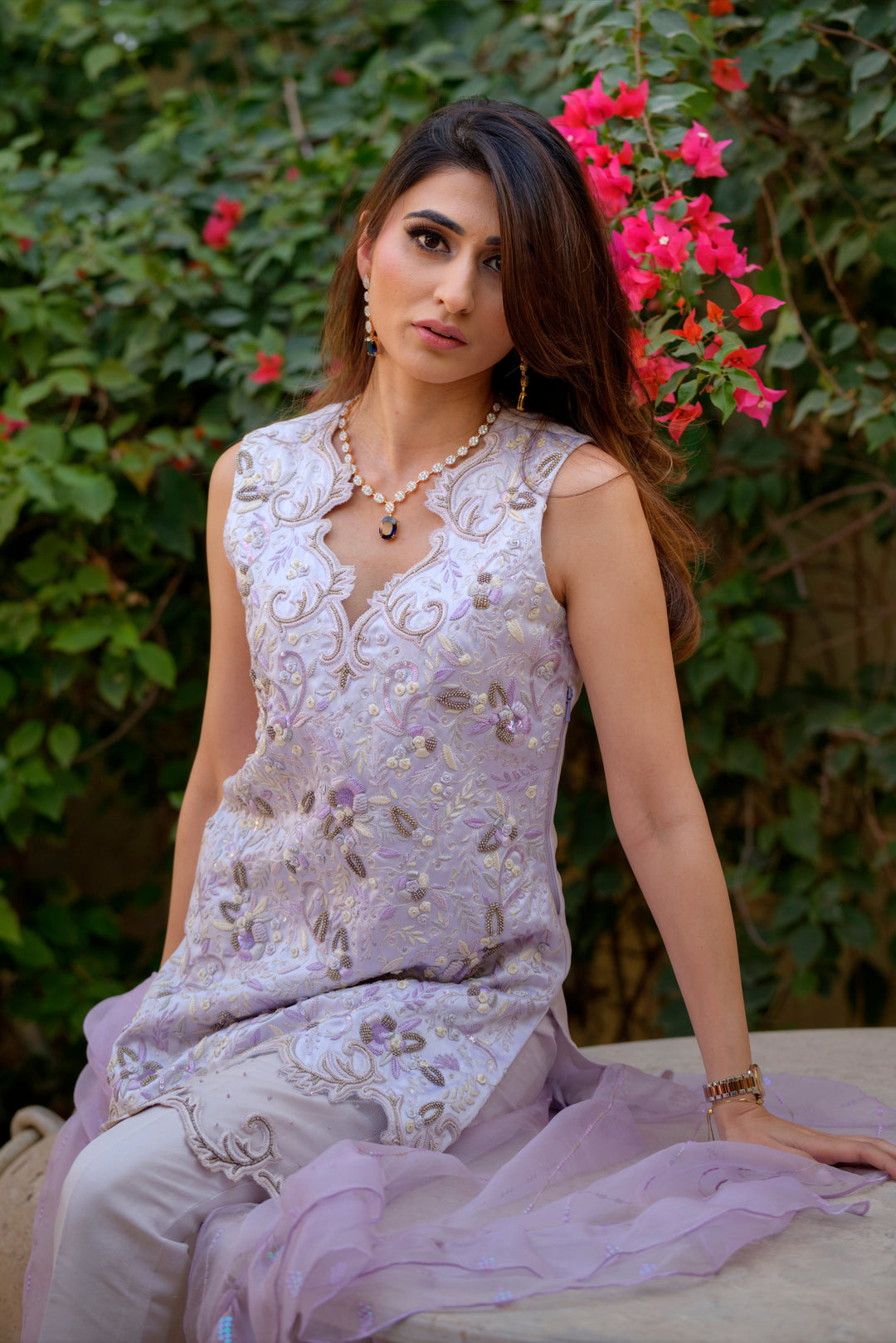 Salahuddin Pasha - Lavender Silk, Organza Suit For Women - Purple - 3 Piece