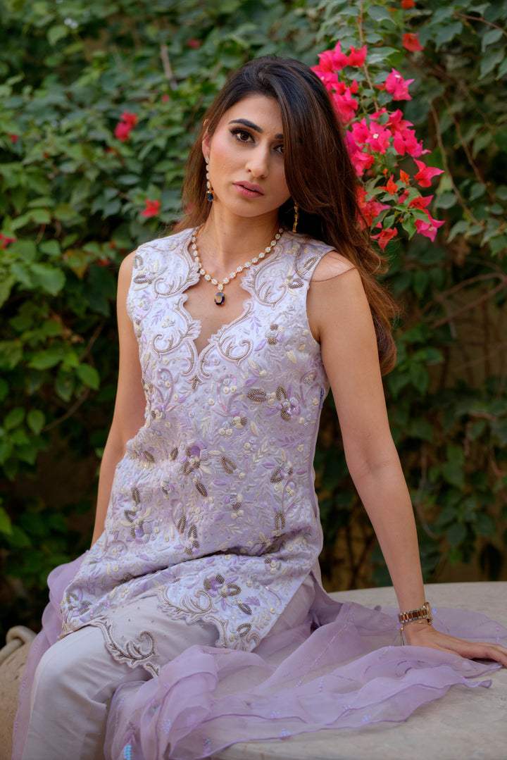 Salahuddin Pasha - Lavender Silk, Organza Suit For Women - Purple - 3 Piece