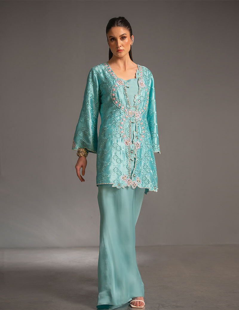Salahuddin Pasha - Look 3 Silk Suit For Women - Aqua Blue - 2 Piece