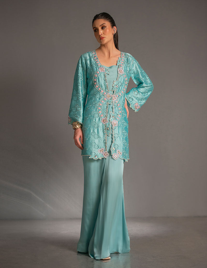 Salahuddin Pasha - Look 3 Silk Suit For Women - Aqua Blue - 2 Piece