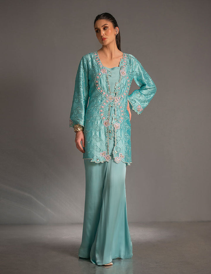 Salahuddin Pasha - Look 3 Silk Suit For Women - Aqua Blue - 2 Piece