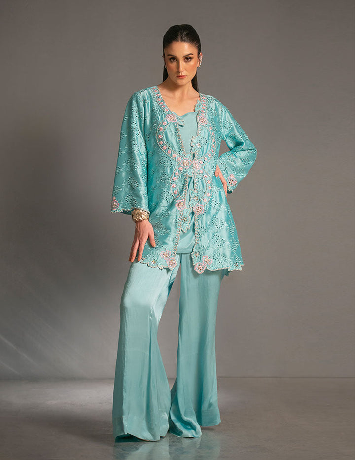 Salahuddin Pasha - Look 3 Silk Suit For Women - Aqua Blue - 2 Piece