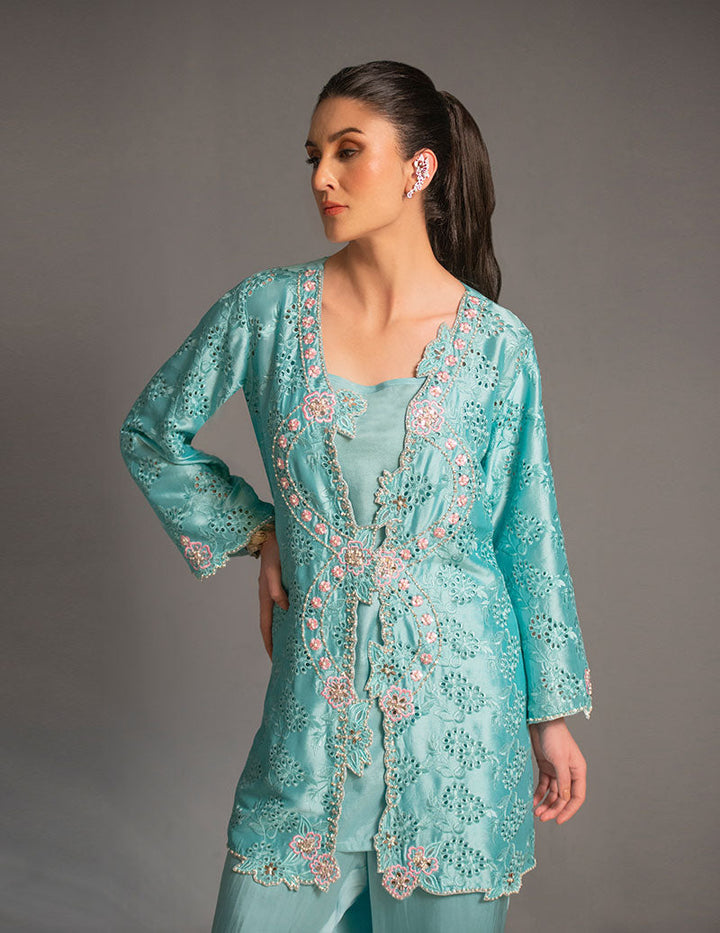 Salahuddin Pasha - Look 3 Silk Suit For Women - Aqua Blue - 2 Piece