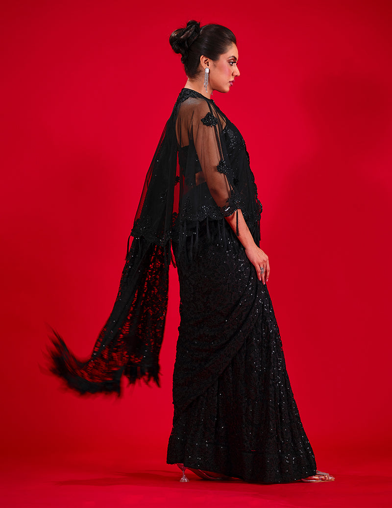Salahuddin Pasha - Magnifique Cutwork Lace Saree For Women - Black - 2 Piece
