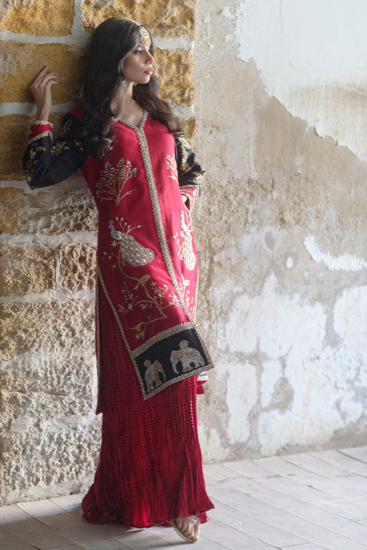 Salahuddin Pasha - Miraaj Silk Jacket For Women - Red - 2 Piece