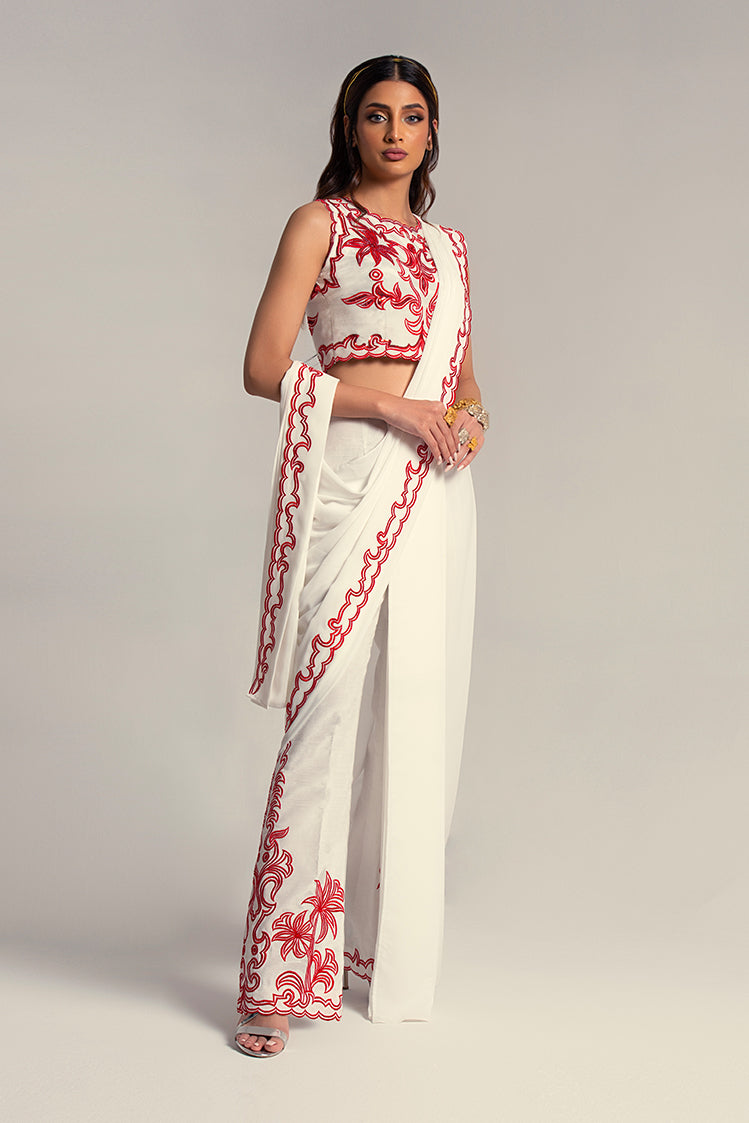 Salahuddin Pasha - Morocco Silk Saree For Women - White - 2 Piece
