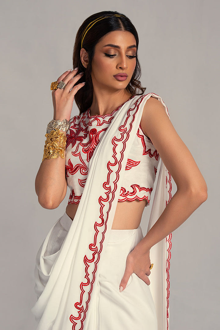 Salahuddin Pasha - Morocco Silk Saree For Women - White - 2 Piece