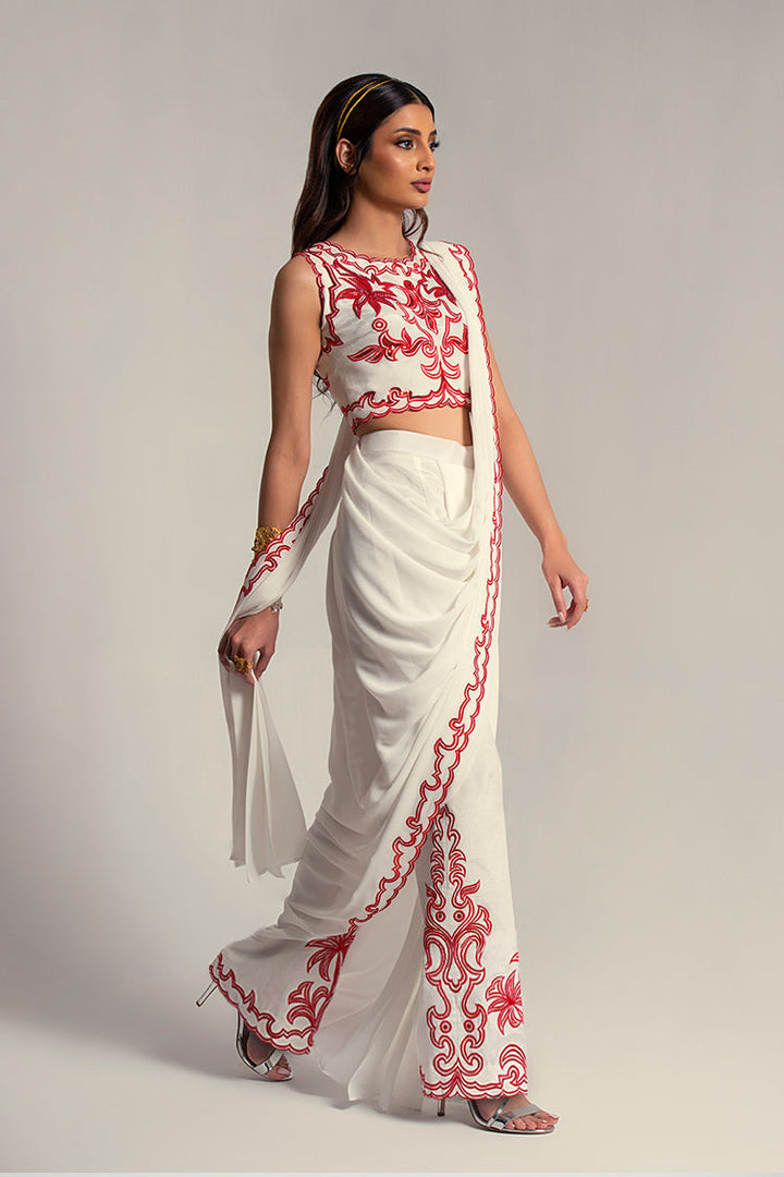 Salahuddin Pasha - Morocco Silk Saree For Women - White - 2 Piece