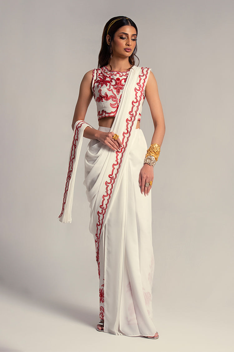 Salahuddin Pasha - Morocco Silk Saree For Women - White - 2 Piece