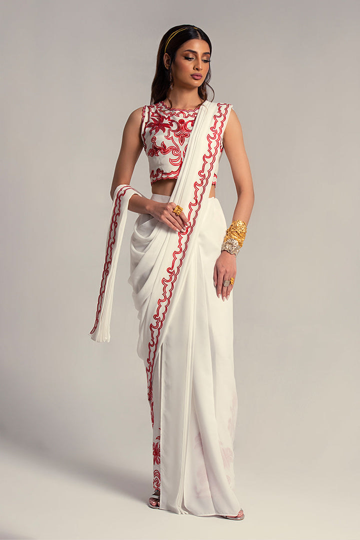 Salahuddin Pasha - Morocco Silk Saree For Women - White - 2 Piece