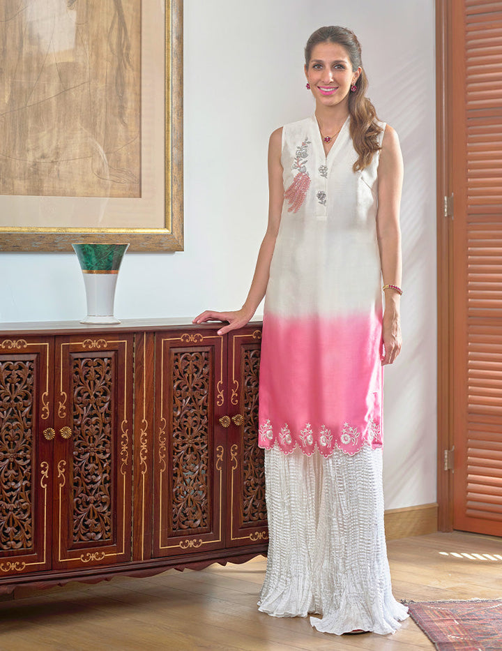 Salahuddin Pasha - Rose Ombre Silk Suit For Women - Ivory - 2 Piece