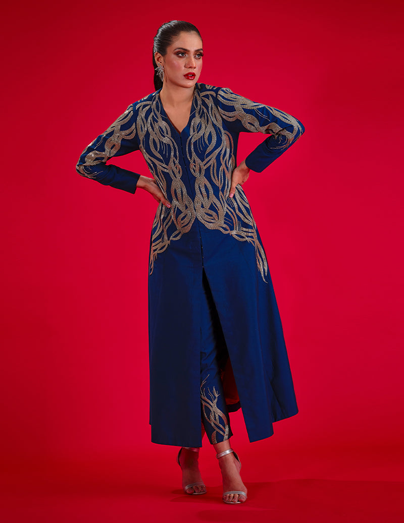 Salahuddin Pasha - Sapphire Silk Jacket For Women - Blue - 2 Piece