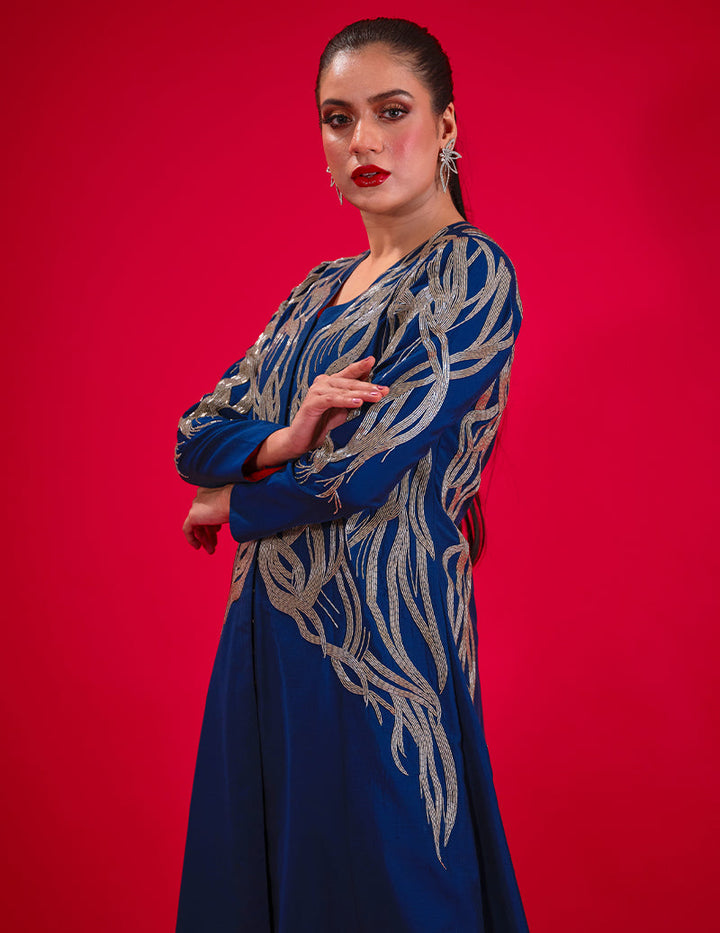Salahuddin Pasha - Sapphire Silk Jacket For Women - Blue - 2 Piece