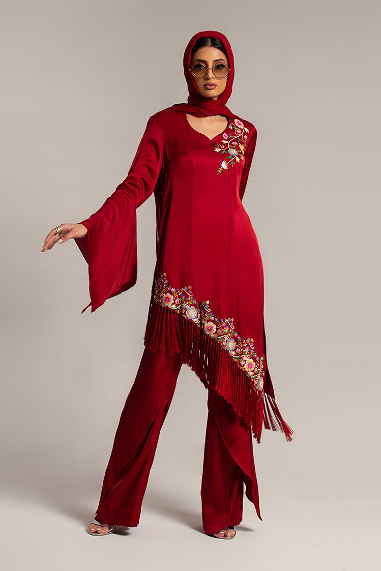 Salahuddin Pasha - Scarlet Silk Suit For Women - Maroon - 3 Piece