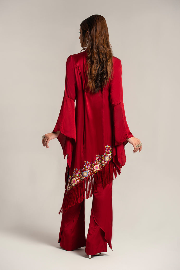 Salahuddin Pasha - Scarlet Silk Suit For Women - Maroon - 3 Piece
