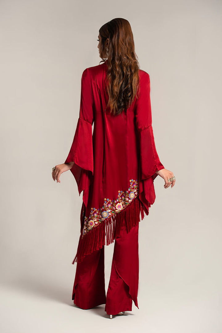 Salahuddin Pasha - Scarlet Silk Suit For Women - Maroon - 3 Piece