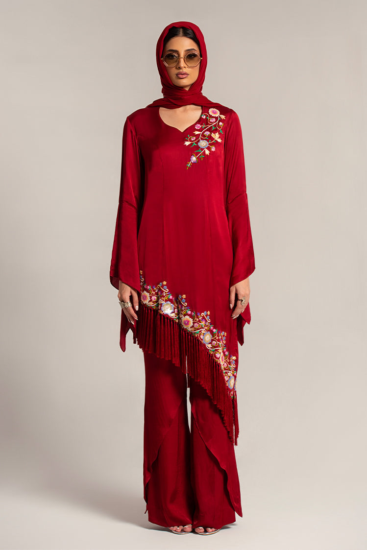 Salahuddin Pasha - Scarlet Silk Suit For Women - Maroon - 3 Piece