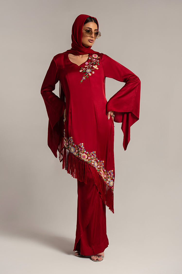 Salahuddin Pasha - Scarlet Silk Suit For Women - Maroon - 3 Piece