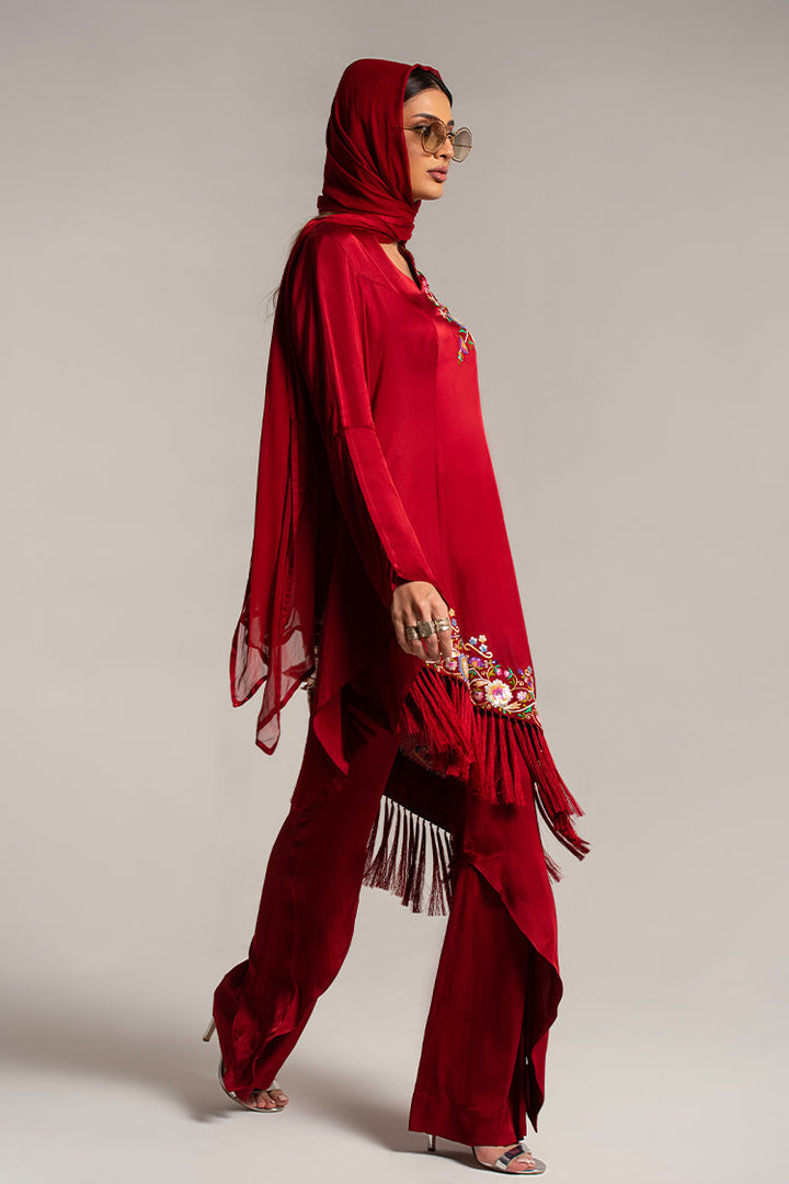 Salahuddin Pasha - Scarlet Silk Suit For Women - Maroon - 3 Piece