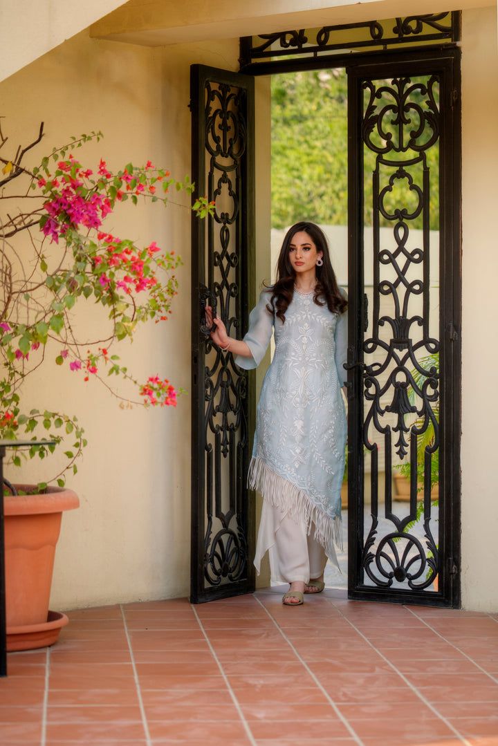 Salahuddin Pasha - Silk, Organza Suit For Women - Ice Blue - 3 Piece