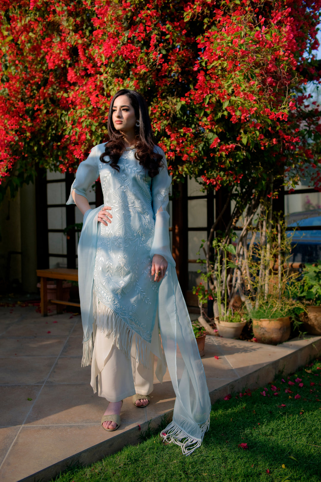 Salahuddin Pasha - Silk, Organza Suit For Women - Ice Blue - 3 Piece