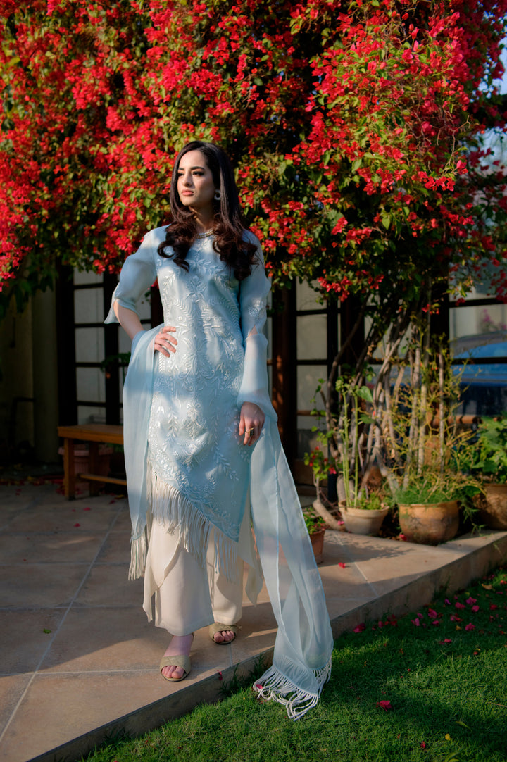 Salahuddin Pasha - Silk, Organza Suit For Women - Ice Blue - 3 Piece