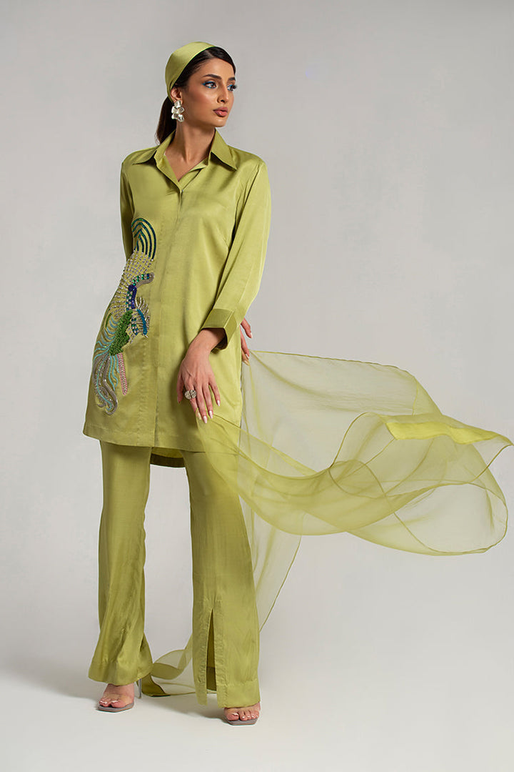 Salahuddin Pasha - Silk, Organza Suit For Women - Pistachio - 3 Piece