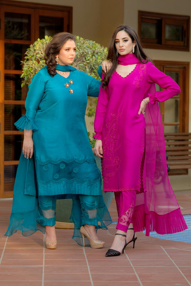 Salahuddin Pasha - Silk, Organza Suit For Women - Raspberry - 3 Piece