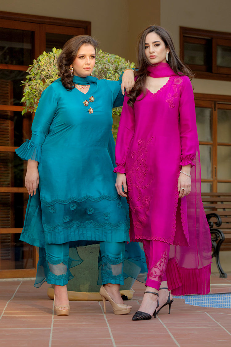 Salahuddin Pasha - Silk, Organza Suit For Women - Teal - 3 Piece