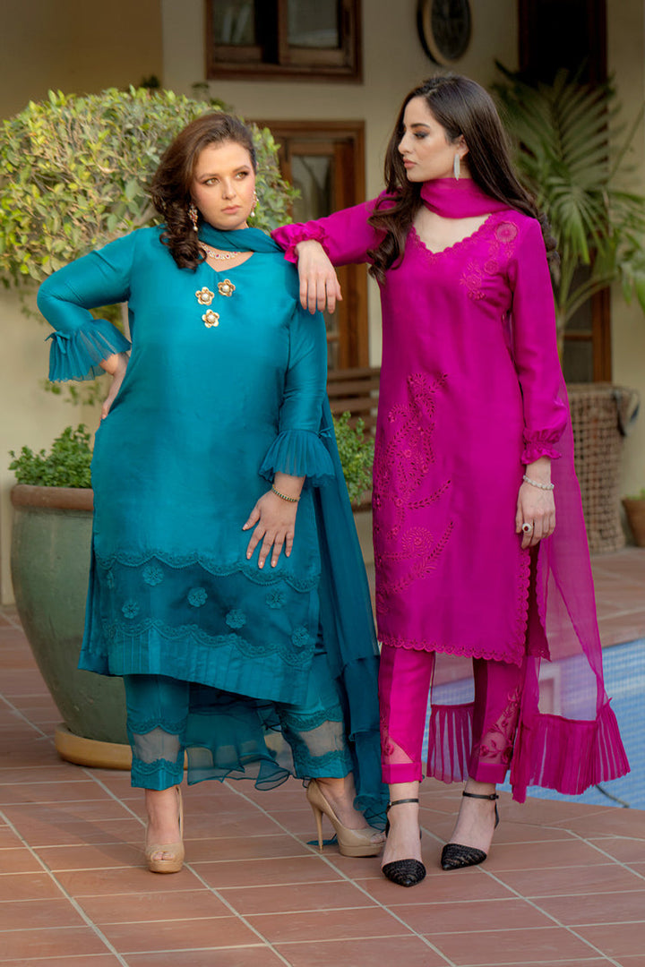 Salahuddin Pasha - Silk, Organza Suit For Women - Teal - 3 Piece