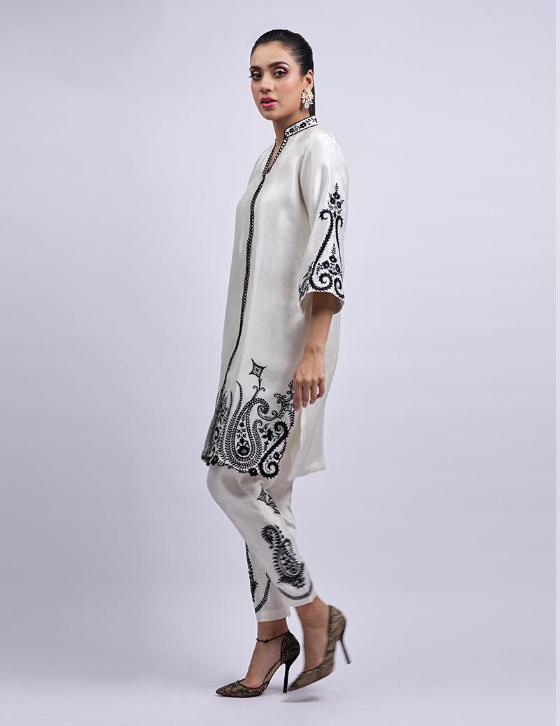 Salahuddin Pasha - Silk Suit For Women - Ebony Ivory - 2 Piece