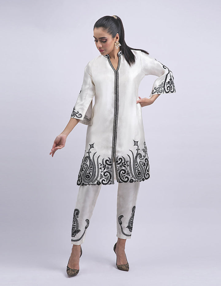 Salahuddin Pasha - Silk Suit For Women - Ebony Ivory - 2 Piece