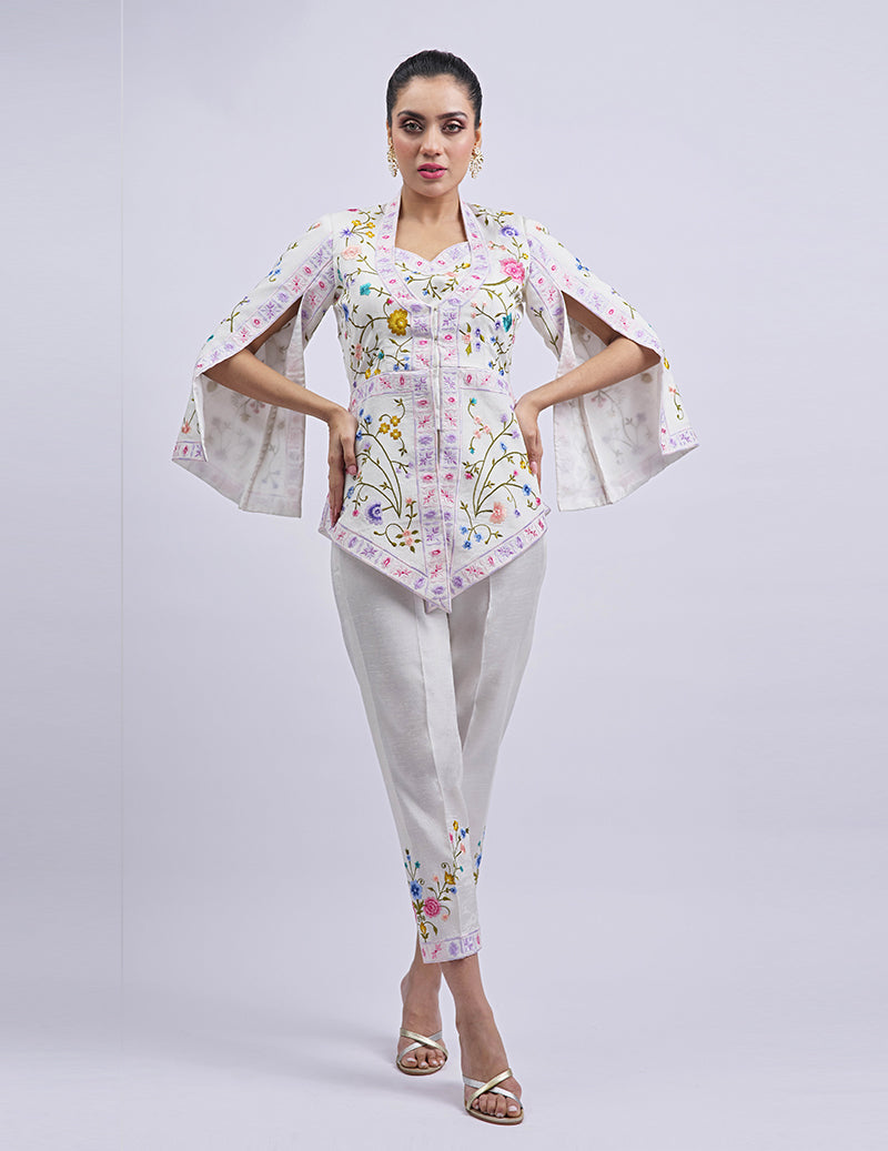 Salahuddin Pasha - Summer Jardin Silk Jacket For Women - White - 2 Piece