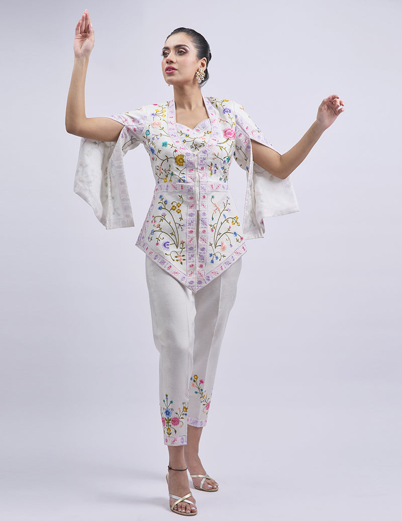 Salahuddin Pasha - Summer Jardin Silk Jacket For Women - White - 2 Piece