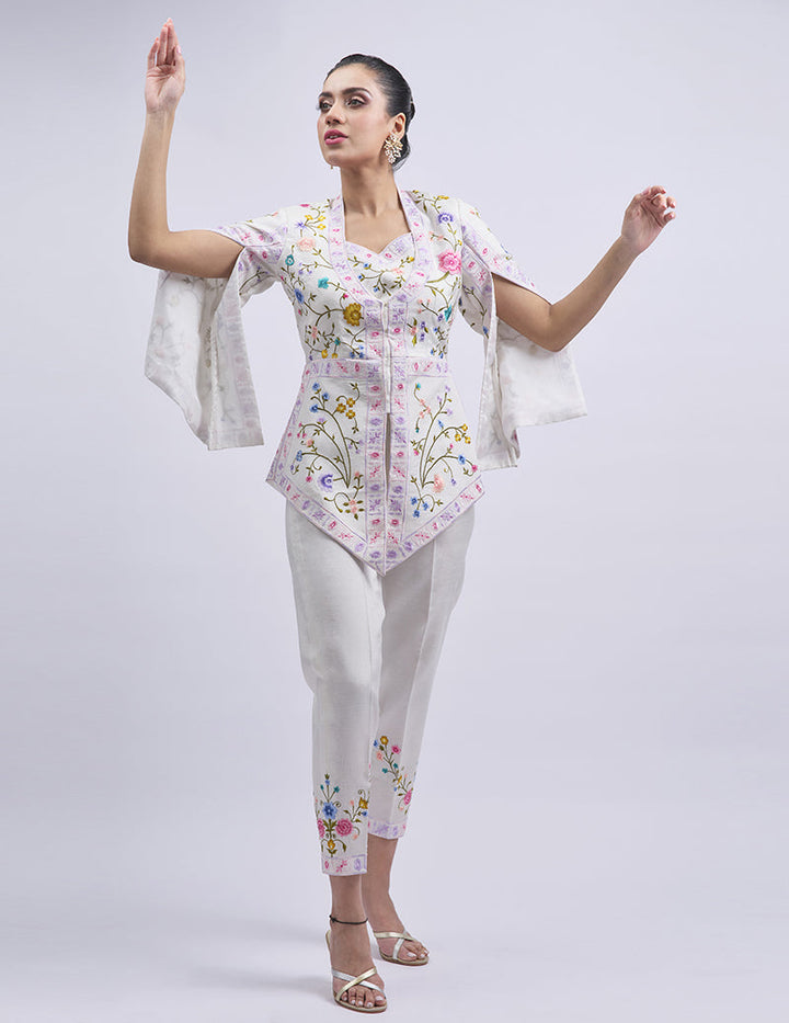 Salahuddin Pasha - Summer Jardin Silk Jacket For Women - White - 2 Piece