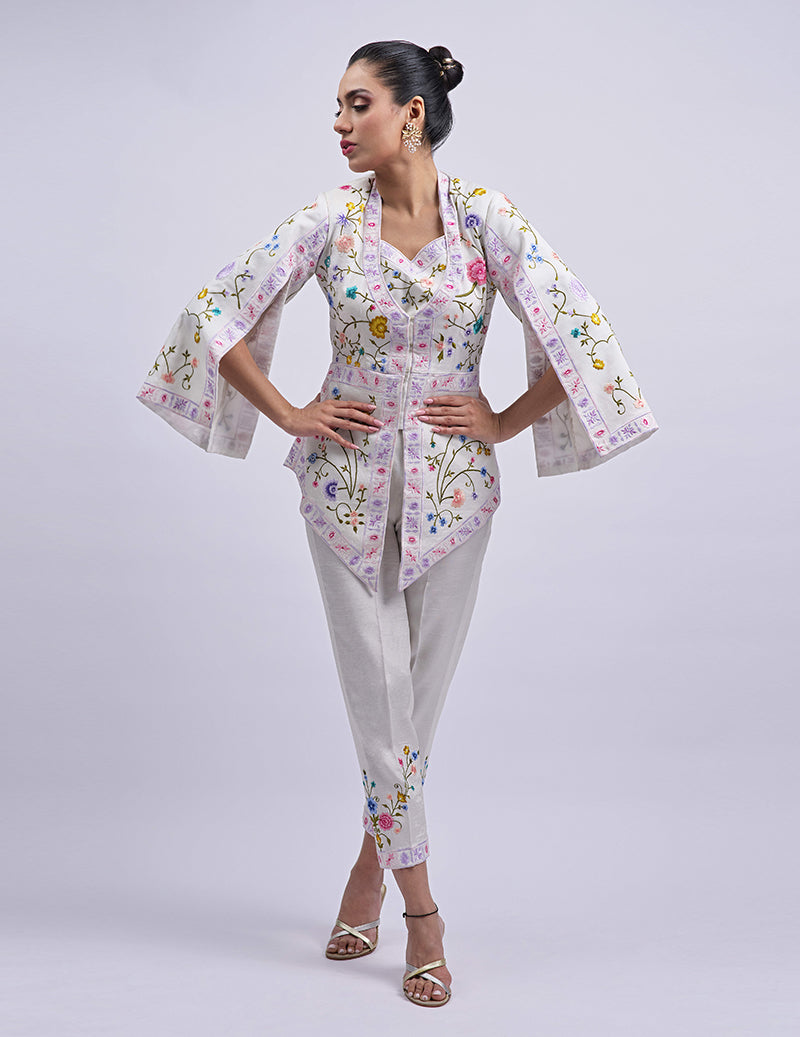 Salahuddin Pasha - Summer Jardin Silk Jacket For Women - White - 2 Piece