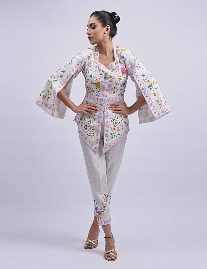 Salahuddin Pasha - Summer Jardin Silk Jacket For Women - White - 2 Piece