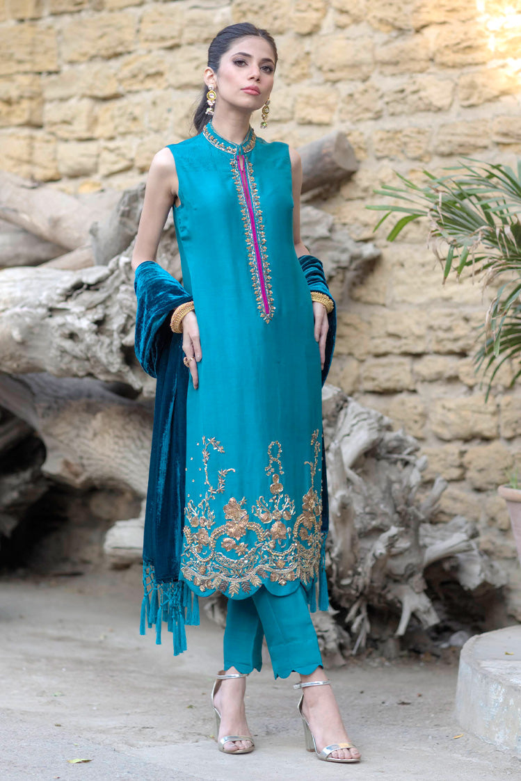 Salahuddin Pasha - Teal Affair Silk Suit For Women - Teal - 3 Piece