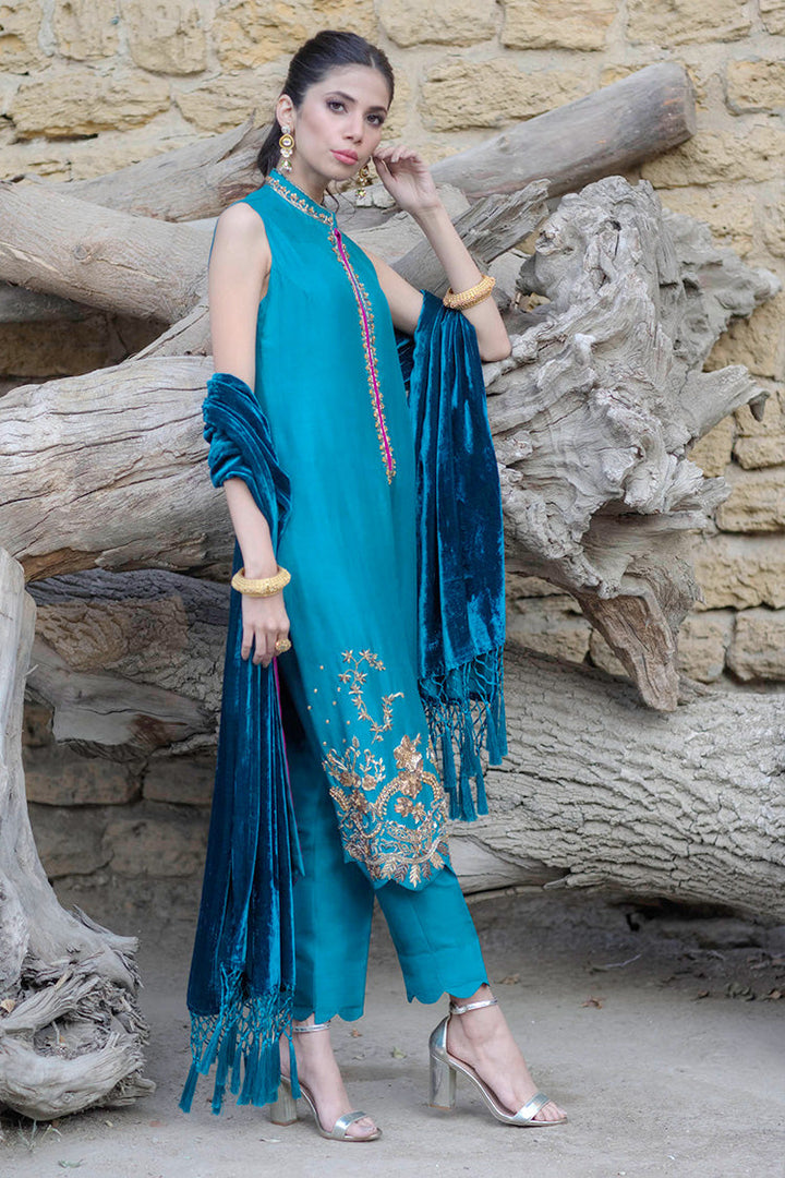 Salahuddin Pasha - Teal Affair Silk Suit For Women - Teal - 3 Piece