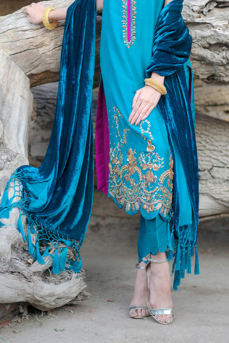 Salahuddin Pasha - Teal Affair Silk Suit For Women - Teal - 3 Piece