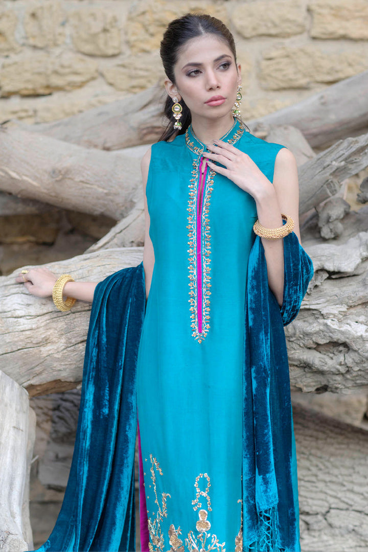 Salahuddin Pasha - Teal Affair Silk Suit For Women - Teal - 3 Piece
