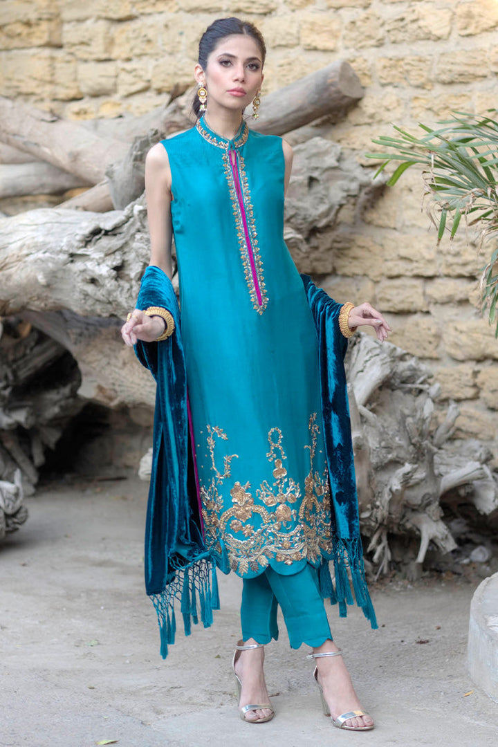 Salahuddin Pasha - Teal Affair Silk Suit For Women - Teal - 3 Piece