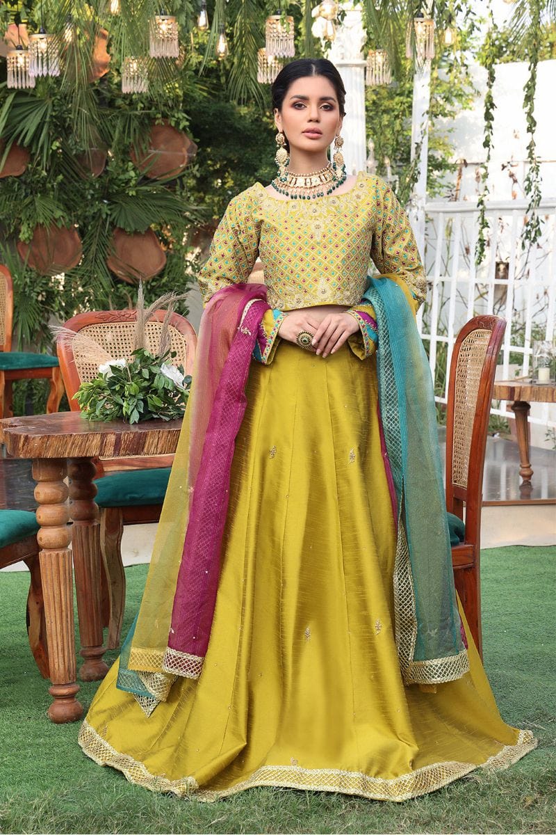 Sanas - Zari Handwork Embroidered Raw Silk Lehenga Choli - ZEENAT - L202224 - Mustard