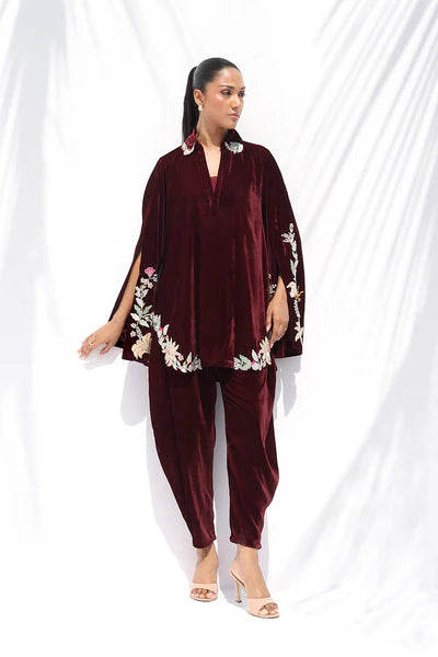 Sania Maskatiya - Erin Velvet Suit For Women - Burgundy 2 Piece
