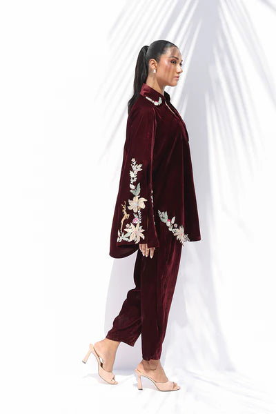 Sania Maskatiya - Erin Velvet Suit For Women - Burgundy 2 Piece