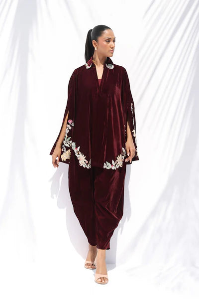 Sania Maskatiya - Erin Velvet Suit For Women - Burgundy 2 Piece