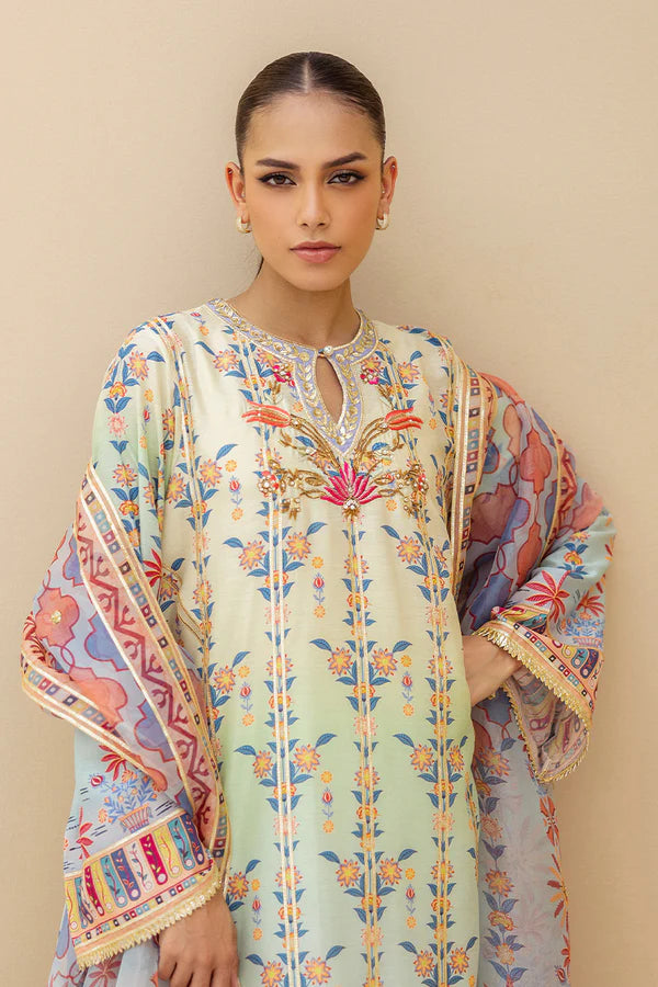 Sania Maskatiya - Zayen (B) - Khaddi Silk , Organza , RawSilk - Seafoam - Ombre - 3 Piece