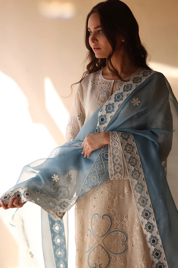 Sania Maskatiya - Zyne - Khaddi Corduroy / Raw Silk / Organza - Ivory - 3 Piece